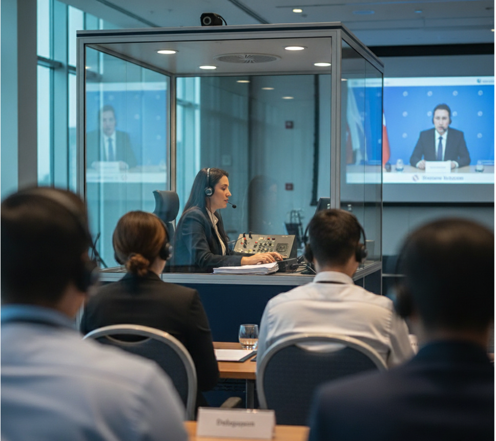 Simultane tercüme kabininde çalışan ekip